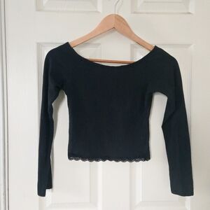 Black Lace Trim Long Sleeve Crop Top Scoop Neck Fitted Y2K